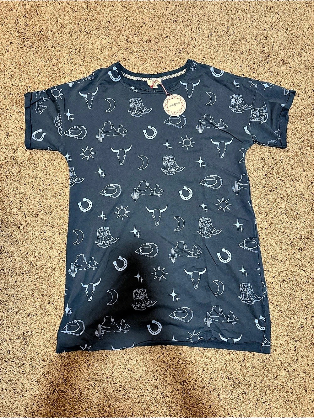 Umgee Western Cowboy Boot Print T-Shirt Dress Black & White Large NWT